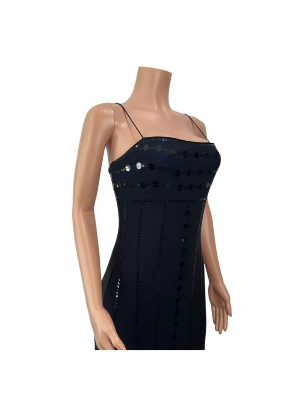 RIMINI By Shaw Vintage Black Sequined Spaghetti Strap Maxi Dress 6 Purple Lined - Picture 10 of 14